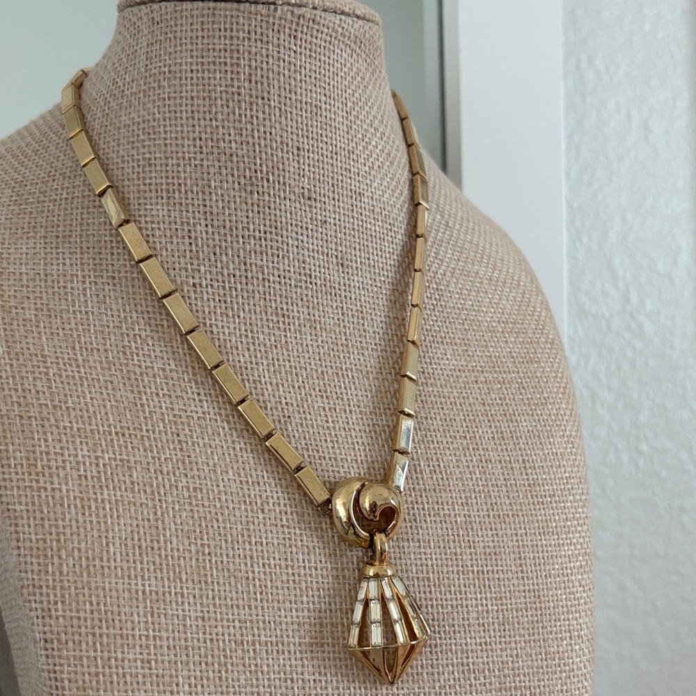 Signed Vintage Coro Gold Necklace with Geometric Pendant